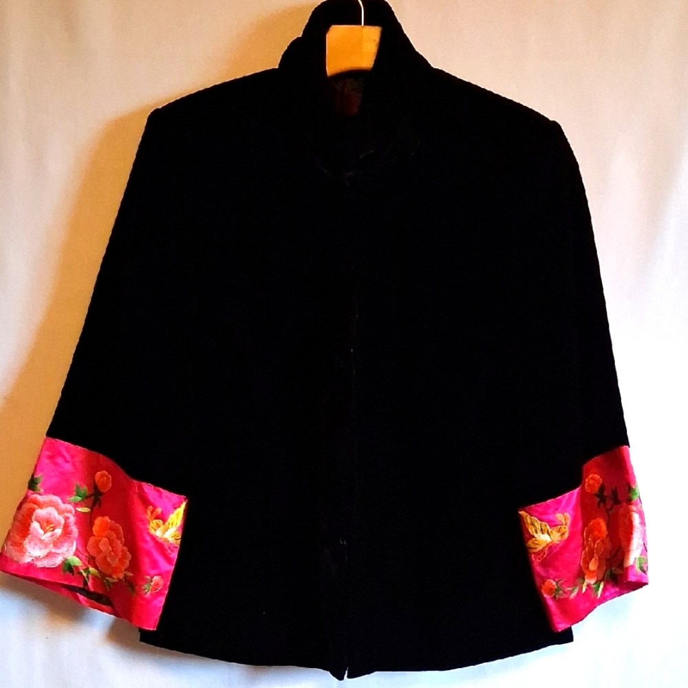 Black Velet Jacket with Pink Floral Cuffs